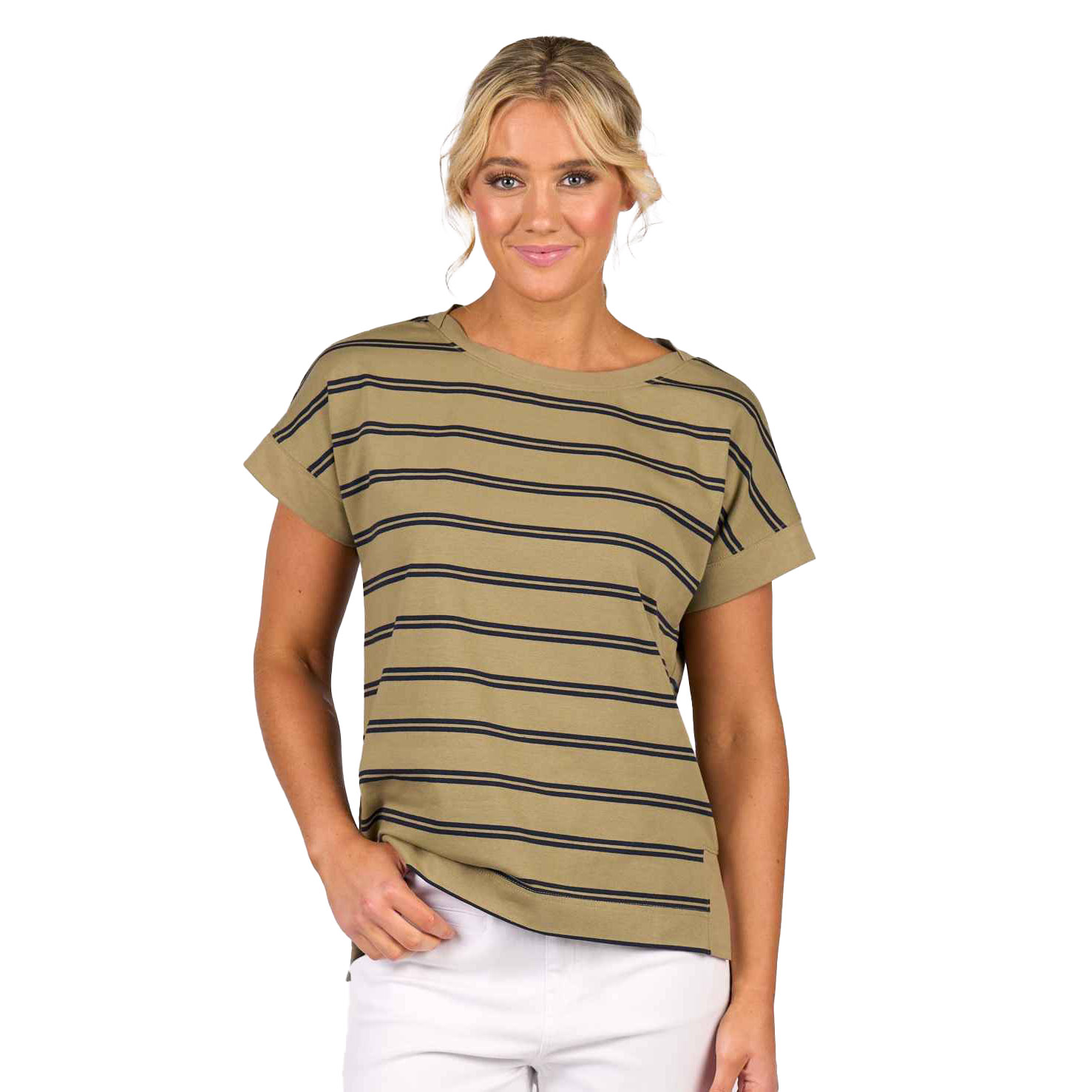 Vassalli Striped Drop Sleeve Top With Stepped Hem